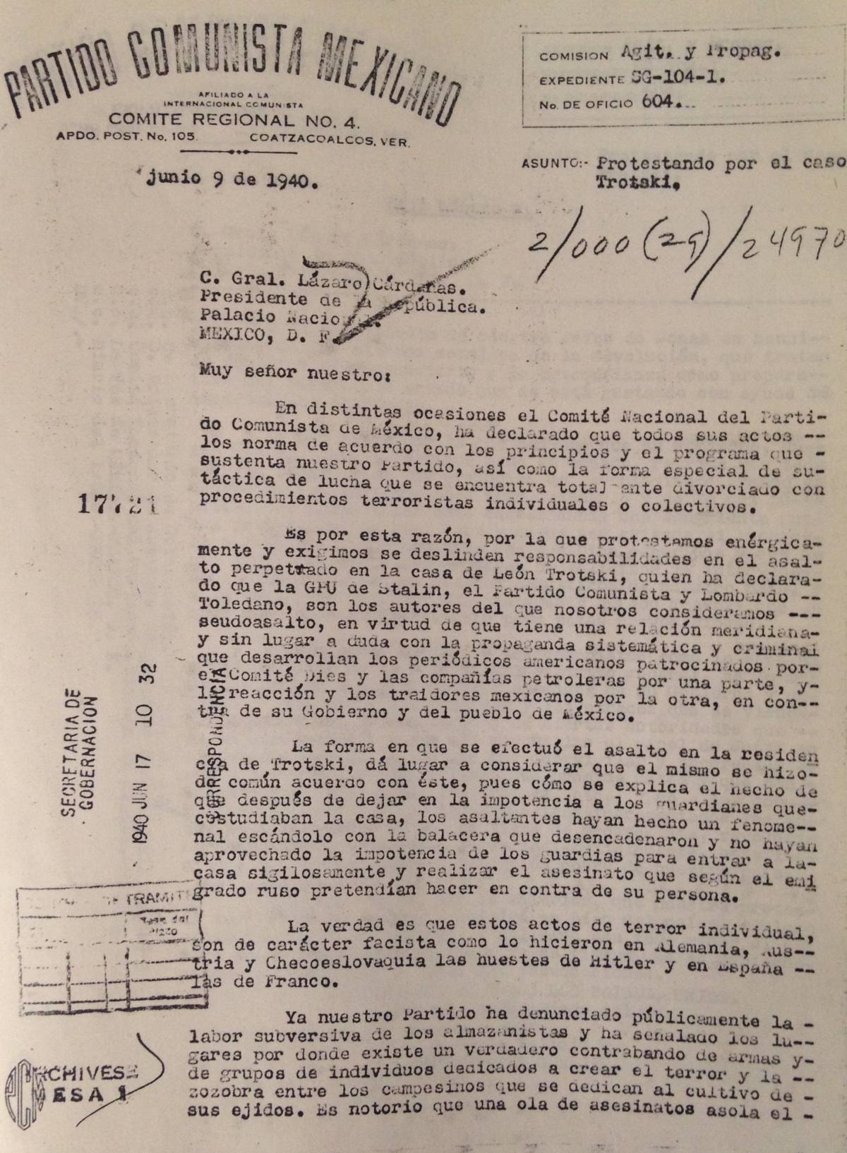 Carta contra Trotsky dirigida al presidente Lázaro Cárdenas por el Partido Comunista Mexicano